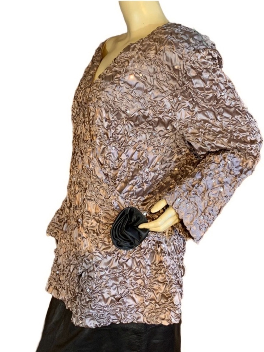 CACHET TAUPE & BLACK CRINKLED COCKTAIL TOP W/SEQUINS AND BLACK ROSETTE (3X)